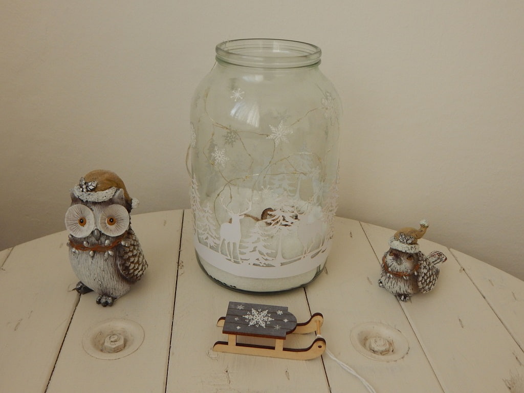 zimní dekorace ze zavařovací sklenice